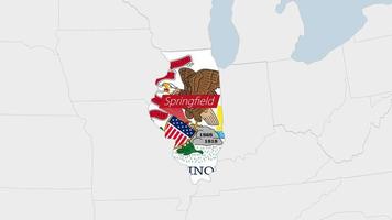 nosotros estado Illinois mapa destacado en Illinois bandera colores y alfiler de país capital Springfield. vector