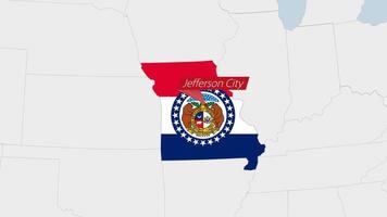 US State Missouri map highlighted in Missouri flag colors and pin of country capital Jefferson City. vector