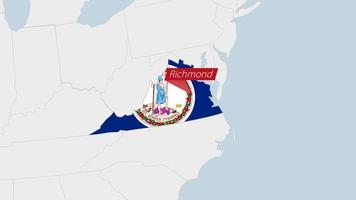 nosotros estado Virginia mapa destacado en Virginia bandera colores y alfiler de país capital richmond vector