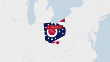nosotros estado Ohio mapa destacado en Ohio bandera colores y alfiler de país capital Colón. vector