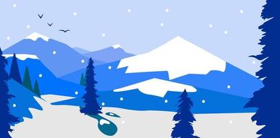 Winter mountain Christmas landscape with fir trees and snowflakes. Vector winter mountain background, Christmas winter