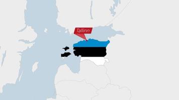 Estonia map highlighted in Estonia flag colors and pin of country capital Tallinn. vector