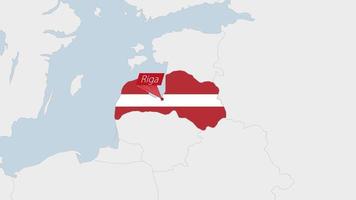 Latvia map highlighted in Latvia flag colors and pin of country capital Riga. vector