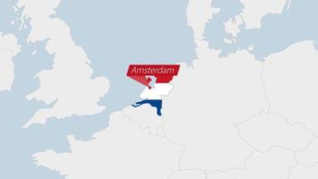 Netherlands map highlighted in Netherlands flag colors and pin of country capital Amsterdam. vector