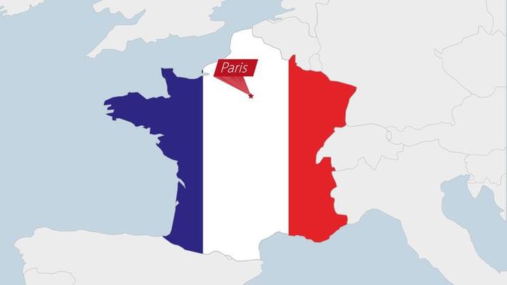 France map highlighted in France flag colors and pin of country