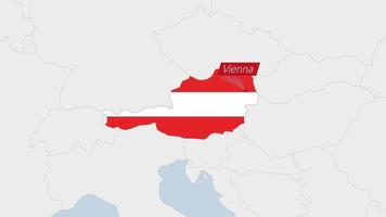 Austria map highlighted in Austria flag colors and pin of country capital Vienna. vector