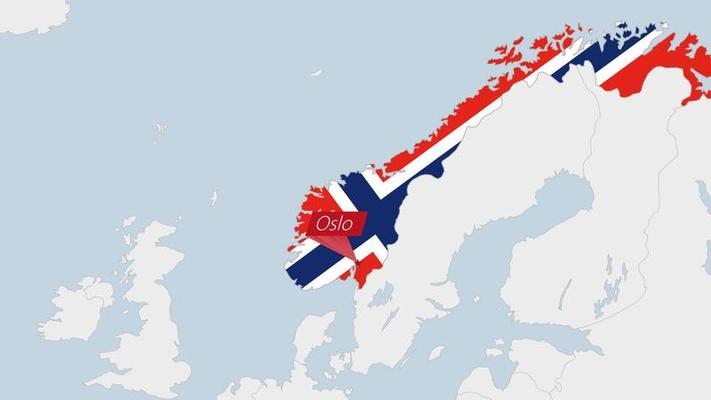 Norway map highlighted in Norway flag colors and pin of country capital Oslo.