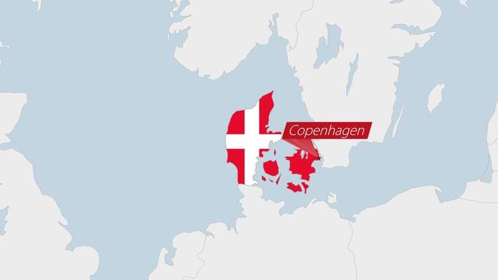 Denmark map highlighted in Denmark flag colors and pin of country capital Copenhagen.