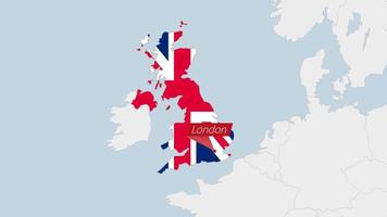 United Kingdom map highlighted in UK flag colors and pin of country capital London. vector