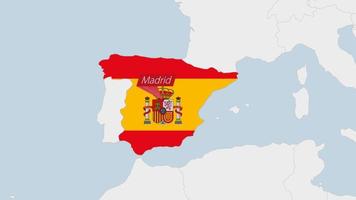 Spain map highlighted in Spain flag colors and pin of country capital Madrid. vector