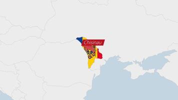 Moldova map highlighted in Moldova flag colors and pin of country capital Chisinau. vector