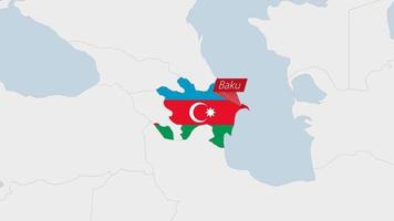 Azerbaijan map highlighted in Azerbaijan flag colors and pin of country capital Baku. vector