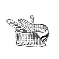 Hand-drawn wicker basket isolated on a white background.Oval high basket for a picnic, for collecting mushrooms and berries, for Easter, for a holiday in nature,for animals. Vector illustration