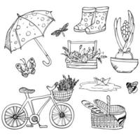 Spring doodles set drawn by hand. Vector spring concept - bicycle and flowers. First day of the spring.