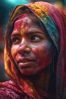 Indian woman close up portrait with colorful paint photo
