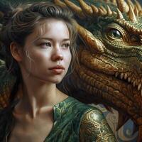 Young woman and green gold dragon photo