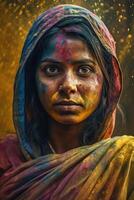 Indian woman close up portrait with colorful paint photo