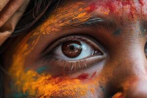 Indian woman face close up with colorful paint photo