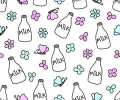 Hand drawn seamless pattern with milk bottle and flowers in doodle style. Vector illustration.