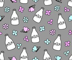 Hand drawn seamless pattern with milk bottle and flowers in doodle style. Vector illustration.