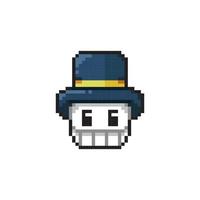 sonrisa esqueleto cabeza vistiendo sombrero en píxel Arte estilo vector