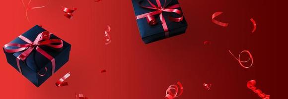 Black gift box with red ribbon and bow, over red background. photo