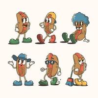 Set of Trendy Hot Dog and Cartoon Characters, Vintage character vector art collection