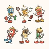 Set of Trendy Bubble Tea and Cartoon Characters, Vintage character vector art collection