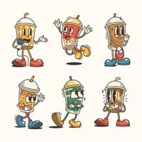 Set of Trendy Bubble Tea and Cartoon Characters, Vintage character vector art collection