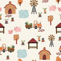 Cartoon Village map seamless pattern. Background of a farm with houses, animals, road, lakes, trees and tractor. Perfect for textile, fabric, paper, games, play mat. Vector illustration