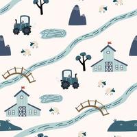 Cartoon Village map seamless pattern. Background of a farm with houses, animals, road, lakes, trees and tractor. Perfect for textile, fabric, paper, games, play mat. Vector illustration