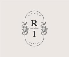 initial RI letters Beautiful floral feminine editable premade monoline logo suitable for spa salon skin hair beauty boutique and cosmetic company. vector