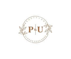 initial PU letters Beautiful floral feminine editable premade monoline logo suitable for spa salon skin hair beauty boutique and cosmetic company. vector