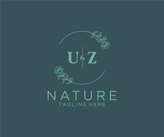 initial UZ letters Botanical feminine logo template floral, editable premade monoline logo suitable, Luxury feminine wedding branding, corporate. vector