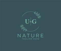 initial UG letters Botanical feminine logo template floral, editable premade monoline logo suitable, Luxury feminine wedding branding, corporate. vector