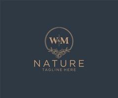 initial WM letters floral frames. Botanical feminine editable premade monoline unique decoration for greeting card, wedding invitation. vector