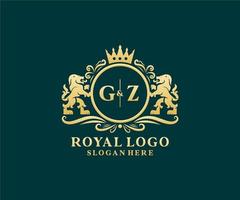 plantilla de logotipo de lujo real de león de letra gz inicial en arte vectorial para restaurante, realeza, boutique, cafetería, hotel, heráldica, joyería, moda y otras ilustraciones vectoriales. vector