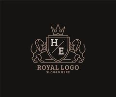 Initial HE Letter Lion Royal Luxury Logo template in vector art for Restaurant, Royalty, Boutique, Cafe, Hotel, Heraldic, Jewelry, Fashion and other vector illustration.