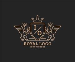 Initial IO Letter Lion Royal Luxury Heraldic,Crest Logo template in vector art for Restaurant, Royalty, Boutique, Cafe, Hotel, Heraldic, Jewelry, Fashion and other vector illustration.