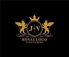 Initial JV Letter Lion Royal Luxury Heraldic,Crest Logo template in vector art for Restaurant, Royalty, Boutique, Cafe, Hotel, Heraldic, Jewelry, Fashion and other vector illustration.