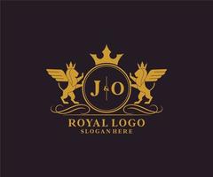 Initial JO Letter Lion Royal Luxury Heraldic,Crest Logo template in vector art for Restaurant, Royalty, Boutique, Cafe, Hotel, Heraldic, Jewelry, Fashion and other vector illustration.