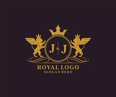 Initial JJ Letter Lion Royal Luxury Heraldic,Crest Logo template in vector art for Restaurant, Royalty, Boutique, Cafe, Hotel, Heraldic, Jewelry, Fashion and other vector illustration.