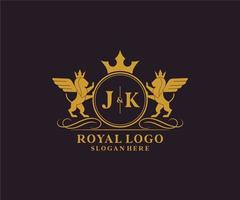 Initial JK Letter Lion Royal Luxury Heraldic,Crest Logo template in vector art for Restaurant, Royalty, Boutique, Cafe, Hotel, Heraldic, Jewelry, Fashion and other vector illustration.