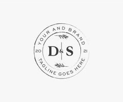 initial DS letters floral frames. Botanical feminine editable premade monoline unique decoration for greeting card, wedding invitation. vector