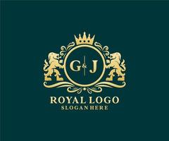 Initial GJ Letter Lion Royal Luxury Logo template in vector art for Restaurant, Royalty, Boutique, Cafe, Hotel, Heraldic, Jewelry, Fashion and other vector illustration.