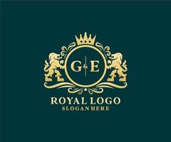 Initial GE Letter Lion Royal Luxury Logo template in vector art for Restaurant, Royalty, Boutique, Cafe, Hotel, Heraldic, Jewelry, Fashion and other vector illustration.