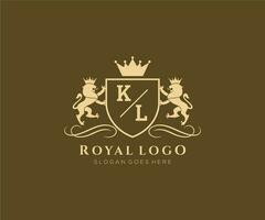 Initial KL Letter Lion Royal Luxury Heraldic,Crest Logo template in vector art for Restaurant, Royalty, Boutique, Cafe, Hotel, Heraldic, Jewelry, Fashion and other vector illustration.