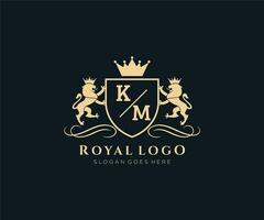 Initial KM Letter Lion Royal Luxury Heraldic,Crest Logo template in vector art for Restaurant, Royalty, Boutique, Cafe, Hotel, Heraldic, Jewelry, Fashion and other vector illustration.