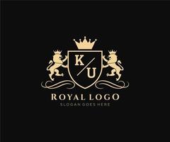 Initial KU Letter Lion Royal Luxury Heraldic,Crest Logo template in vector art for Restaurant, Royalty, Boutique, Cafe, Hotel, Heraldic, Jewelry, Fashion and other vector illustration.