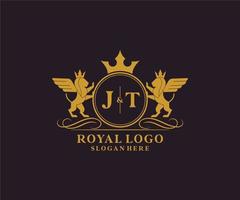 Initial JT Letter Lion Royal Luxury Heraldic,Crest Logo template in vector art for Restaurant, Royalty, Boutique, Cafe, Hotel, Heraldic, Jewelry, Fashion and other vector illustration.